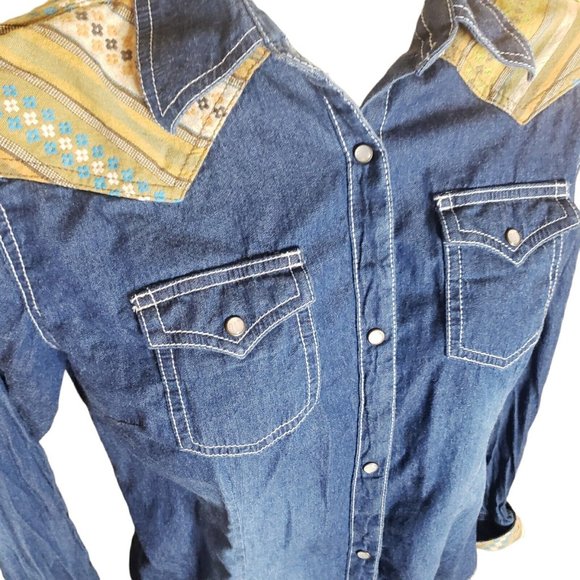 Wrangler M Long Sleeve Shirt Pearl Snap Button Up Denim & Aztec Yoke Shacket - Picture 8 of 11